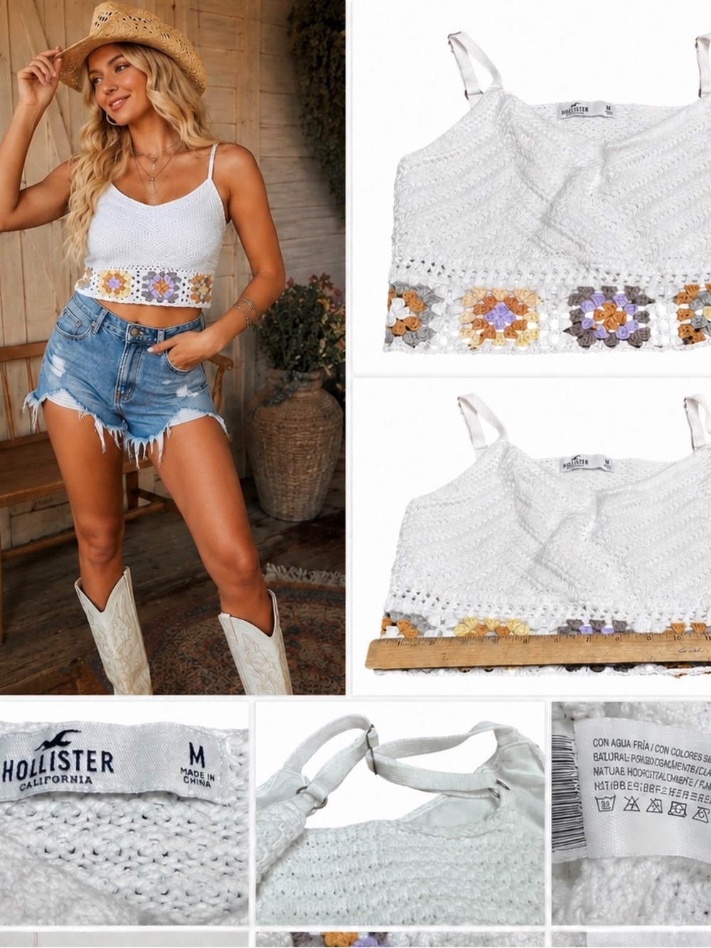 Hollister‎ Crochet Crop Tank Top White Floral Granny Square Trim Women’s Medium